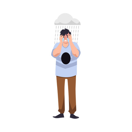Crying man with black hole in chest and rain cloud overhead flat styleのイラスト素材