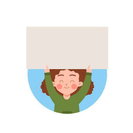 Happy cute kid girl holding blank banner above her head, flat vector isolated.のイラスト素材