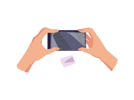 Hands holding smartphone with empty screen flat vector illustration isolated.のイラスト素材