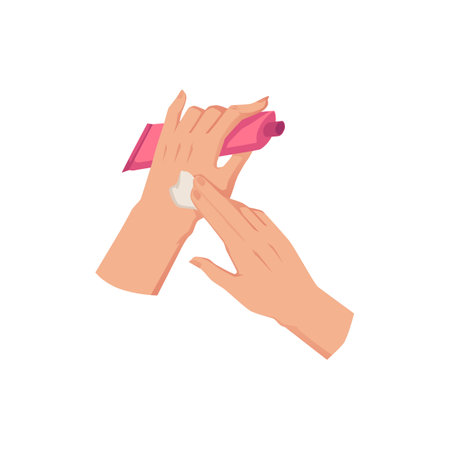 Hands of woman with tube of nourishing cream or lotion, flat vector isolated.のイラスト素材