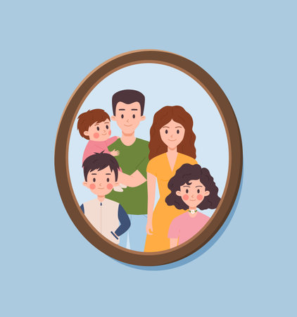 Portrait in frame of happy family with children, flat vector illustration isolated on blue background.のイラスト素材