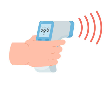 Medical thermometer device in hand, flat vector illustration isolated on white background.のイラスト素材
