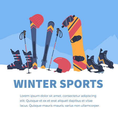 Winter sports poster or banner with sport equipment flat vector illustration.のイラスト素材
