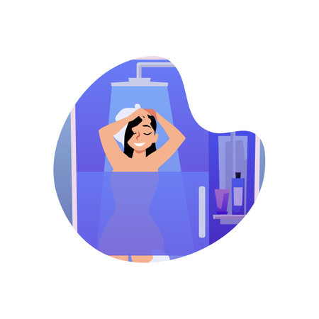 Decorative badge or banner with woman taking shower, flat vector isolated.のイラスト素材