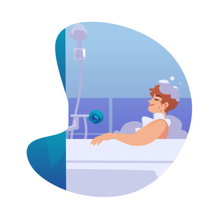 Man relaxing in bathtub with foam, flat vector illustration isolated on white background.