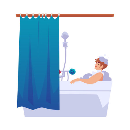 Man in bathtub enjoying washing procedure flat vector illustration isolated.のイラスト素材