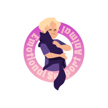 Boy hugging emotional support cat, round icon, flat vector illustration isolated on white background.のイラスト素材