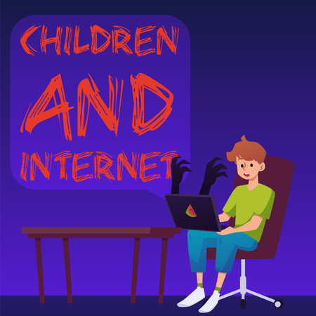 Children and the Internet security issue and access, flat vector illustration.のイラスト素材