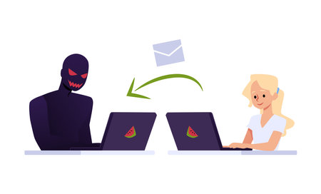 Girl sending personal information to anonymous stranger, flat vector illustration isolated on white background.のイラスト素材