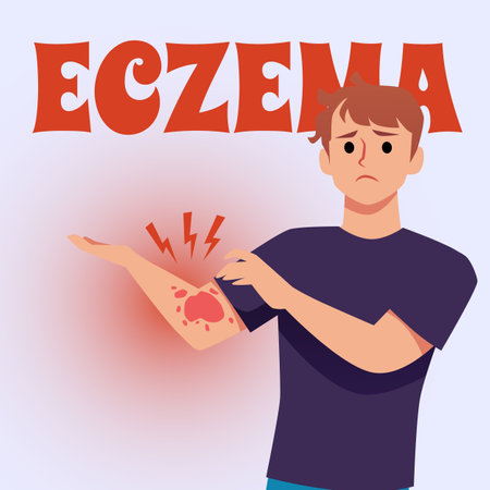 Sad man suffering from eczema, poster template with text, flat vector illustration.のイラスト素材