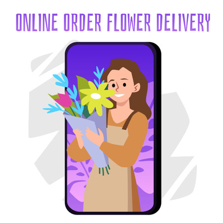 Mobile phone screen with smiling woman holding flower bouquet flat styleのイラスト素材