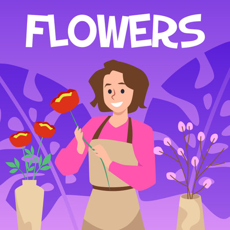 Squared banner with happy florist woman flat style, vector illustrationのイラスト素材