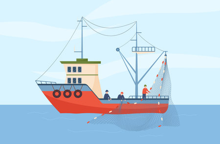 Fishing trawler or equipped ship for fishing fish and seafood, flat vector.のイラスト素材