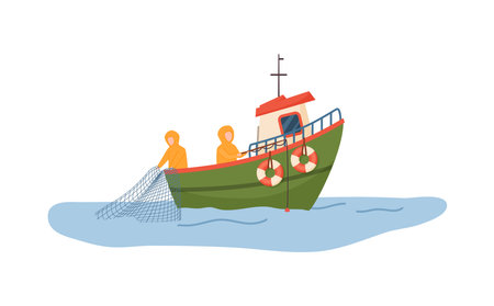 Fishermen on the sea catch fish with nets from a boat, flat vector isolated.のイラスト素材