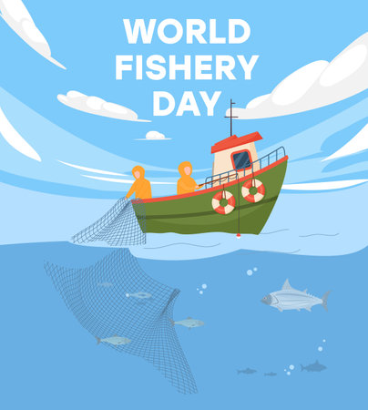 World fisheries day banner or poster mockup flat vector illustration.のイラスト素材