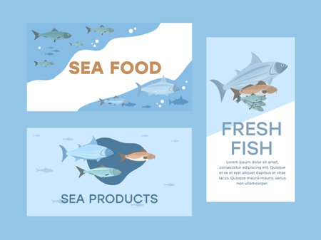 Fish and seafood banners or cards collection flat vector illustration.のイラスト素材