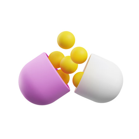 Opened realistic capsule with round yellow substance 3D styleのイラスト素材