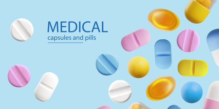Medical capsules and pills banner template realistic vector illustration.のイラスト素材