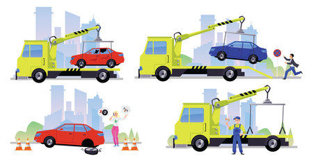 Tow truck moving car after accident and improperly parked car, flat vector illustration isolated on white background.のイラスト素材