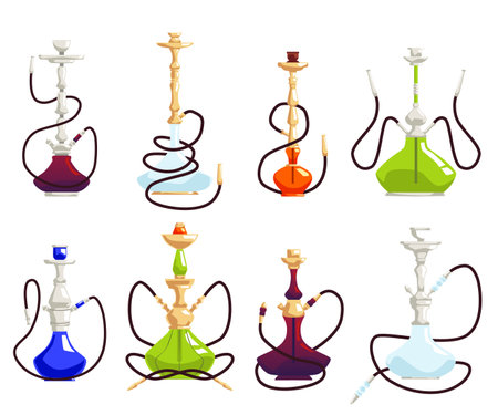 Hookah oriental tobacco pipe devices flat vector illustration isolated.のイラスト素材