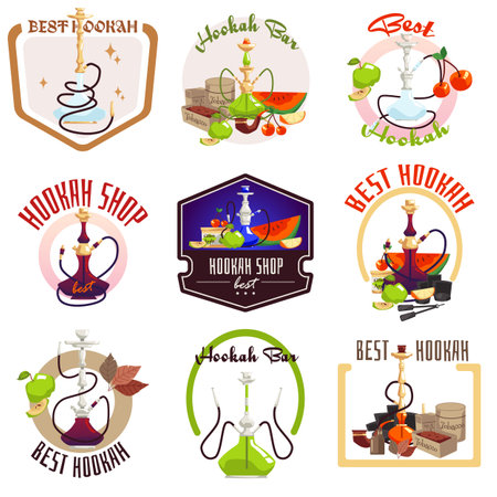 Hookah and shisha bar and shop logos set, flat vector illustration isolated on white background.のイラスト素材