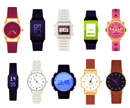 Set of various wrist watches - flat vector illustration isolated on white background.のイラスト素材