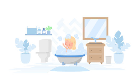 Bathroom interior with baby girl washing in bath, flat vector isolated.のイラスト素材