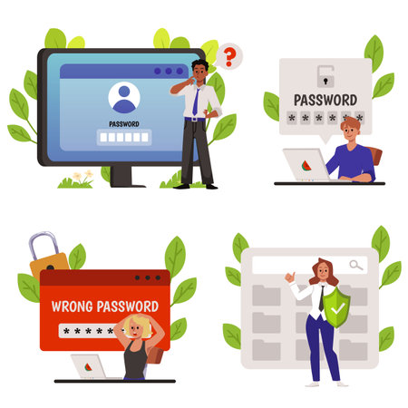 Data and bank account safety with password set of flat vector illustrations.のイラスト素材