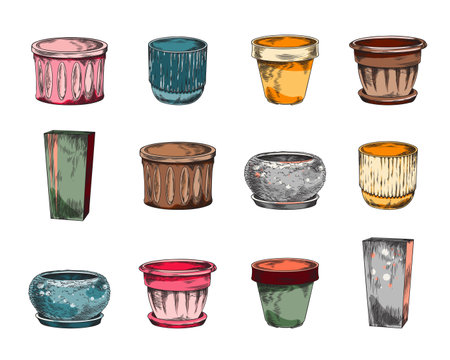 Flowerpots and vases icons or stickers set sketch vector illustration isolated.のイラスト素材