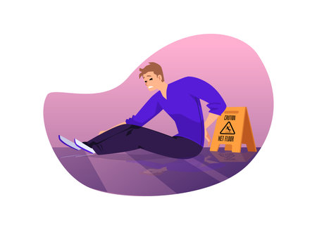 Man injured as result of falling on wet floor, vector illustration isolated.のイラスト素材