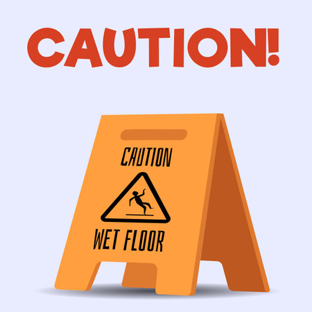 Squared banner with triangular wet floor caution sign flat styleのイラスト素材