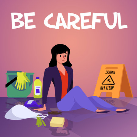 Caution banner warning about risk of falling on wet floor, vector illustration.のイラスト素材