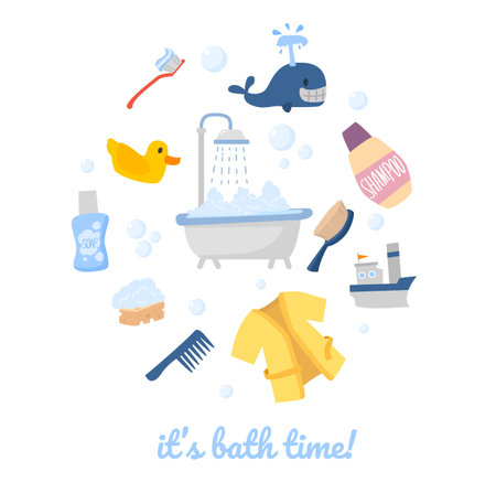 Bath time banner or card, print with bath accessories, flat vector illustration.のイラスト素材