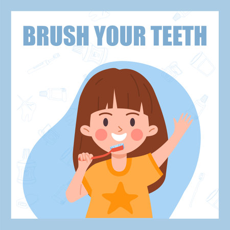 Cute little girl brushing teeth, poster template - cartoon flat vector illustration.のイラスト素材