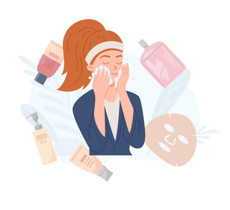 Young woman and various skin care cosmetics flat style, vector illustrationのイラスト素材