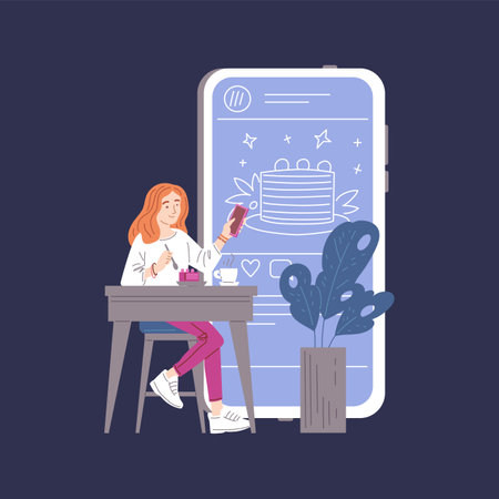 Woman eating cake and rating it in social media, flat vector illustration isolated on dark background.のイラスト素材