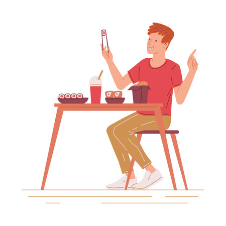 Happy man eats sushi and noodles, flat vector illustration isolated on white.のイラスト素材