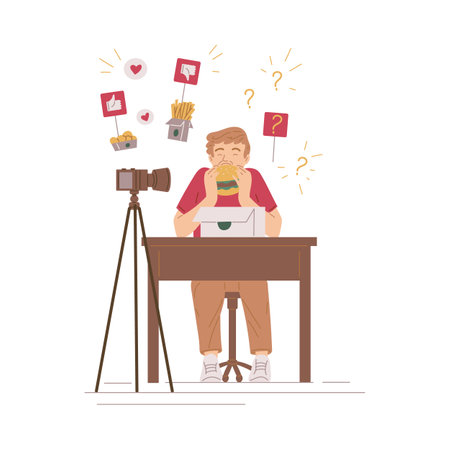 Man eating on camera and rating fast food, flat vector illustration isolated on white background.のイラスト素材