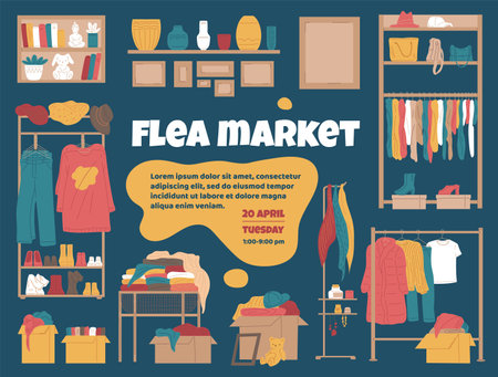 Flea market banner or poster with used things flat vector illustration.のイラスト素材