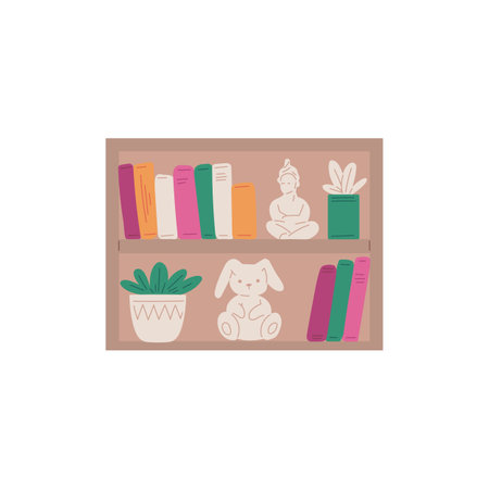 Shelf with books and home decor interior elements vector illustration isolated.のイラスト素材