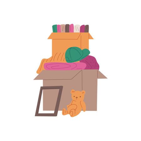 Cardboard box with used goods, flat vector illustration isolated on white background.のイラスト素材