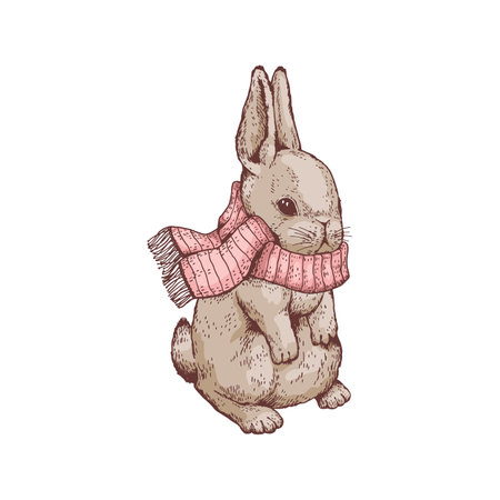 Cute fluffy rabbit in scarf sketch style, vector illustrationのイラスト素材