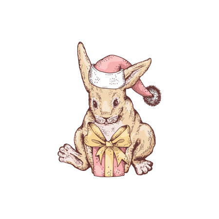 Cute rabbit in Santa Claus hat holding Christmas present, sketch vector illustration isolated on white background.のイラスト素材