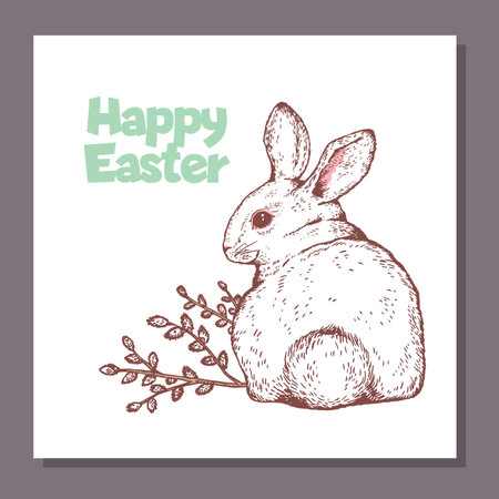 Easter holiday greeting card with cute rabbit, sketch vector illustration.のイラスト素材