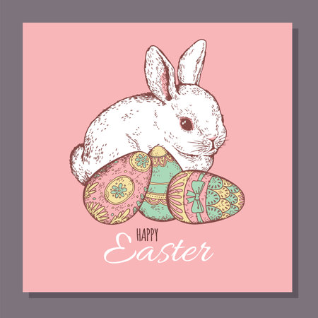 Happy Easter greeting card with cute rabbit, sketch vector illustration.のイラスト素材