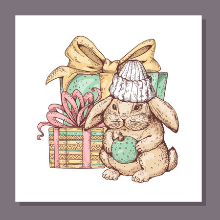 Fluffy rabbit with basket full of Christmas balls, vector illustration isolated.のイラスト素材