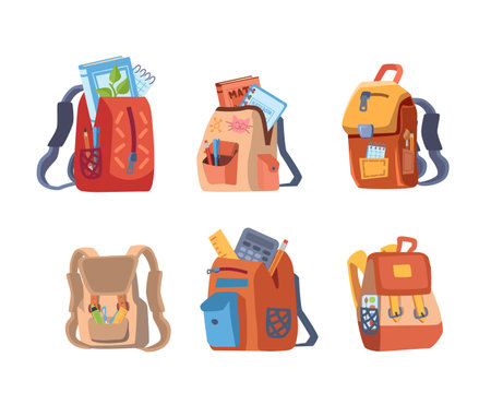 Set of school backpacks for children, cartoon flat vector illustration isolated on white background.のイラスト素材