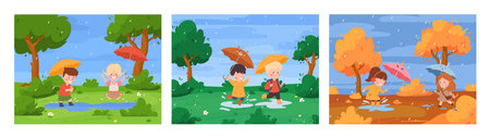 Happy kids holding umbrella under rain, different seasons - cartoon flat vector illustration.のイラスト素材