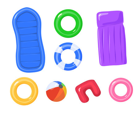 Set of inflatable rings and mattresses for swimming flat vector isolated.のイラスト素材