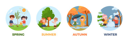Four seasons banners or badges set with children playing, flat vector isolated.のイラスト素材